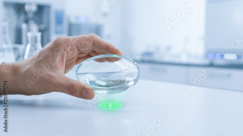 Hand holding magnifying glass over green key performance indicator KPI symbol in laboratory setting for analysis and measurement concept