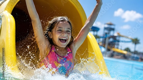 Happy girl sliding down a yellow water slide with arms raised at a water park