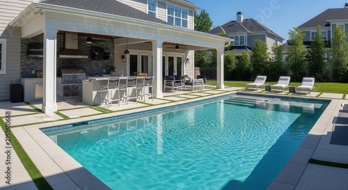 Luxurious Backyard Oasis With Outdoor Kitchen and Swimming Pool