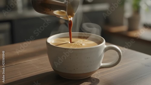 Fresh coffee pouring into a ceramic cup on a wooden table