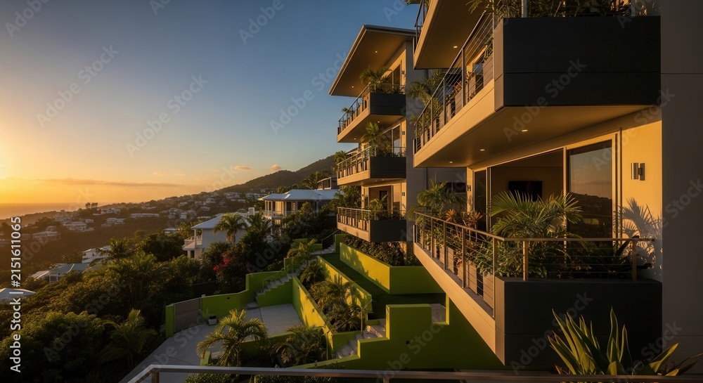Fototapeta premium Luxurious Hillside Villas With Ocean Views During Sunset