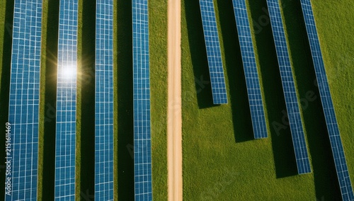 Aerial View of a Vast Solar Farm Under a Bright Sunny Sky.