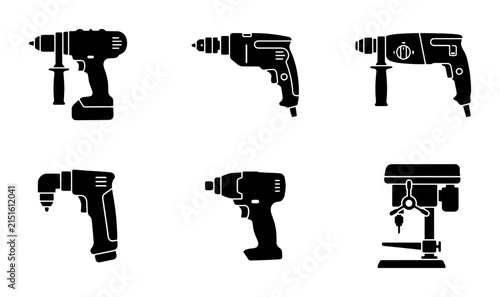 Power Tool Icons: Cordless Drills, Impact Drivers, Rotary Hammers, Bench Drill Set, Construction, DIY, Hardware