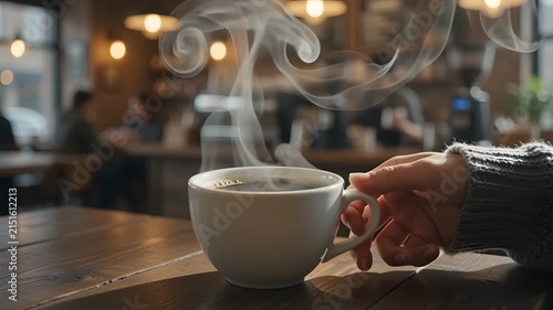 Person picking up a steaming cup of coffee in a cozy cafe