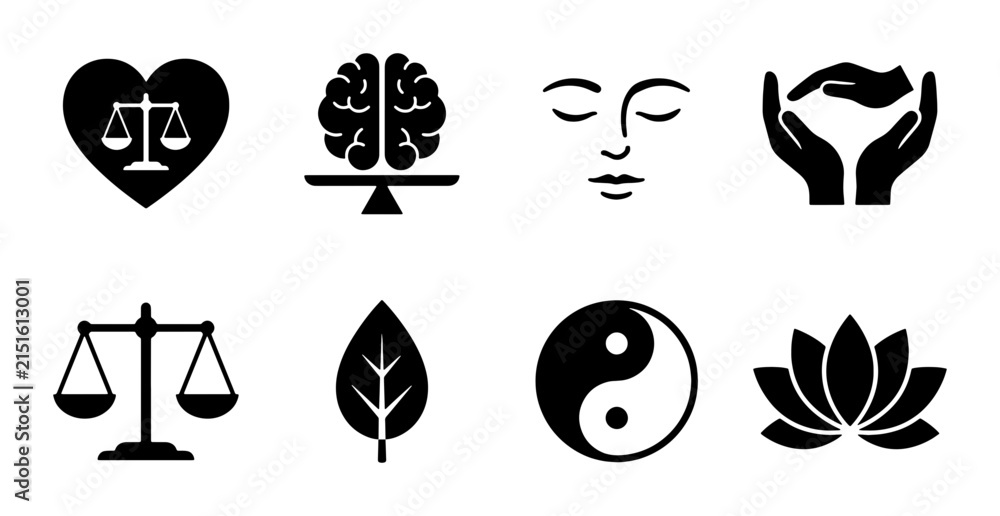 Fototapeta premium Mindfulness and Balance Icons: Brain, Scales, Lotus, Yin Yang, Heart, Face, Hands, Leaf Vector Set