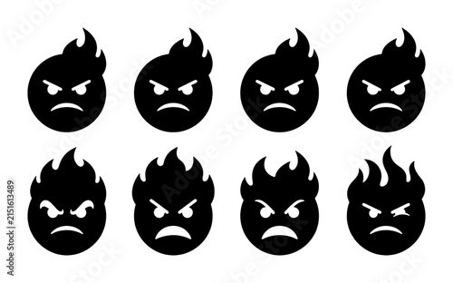Canvas Print Set of Eight Black Angry Emoticons with Flames, Expressing Rage and Frustration