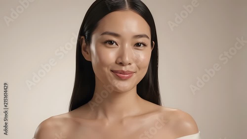 Young asian woman with radiant skin smiling against neutral background