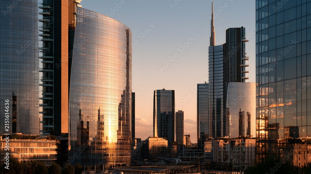 Obraz premium Modern Glass Towers of the Porta Nuova Skyline Reflecting the Sunset in Urban Milan, Italy