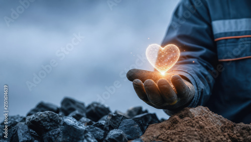 Precision in esg supply chain tracking is symbolized by glowing heart held in gloved hand among coal and soil, expressing care and responsibility