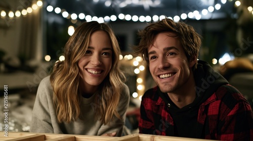 Authentic lifestyle commercial photo of couple laughing genuinely while assembling wooden furniture on floor in cozy living room.