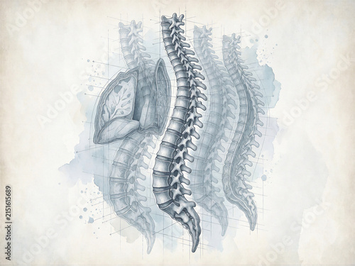 Anatomical blueprint of human spine and lungs medical illustration
