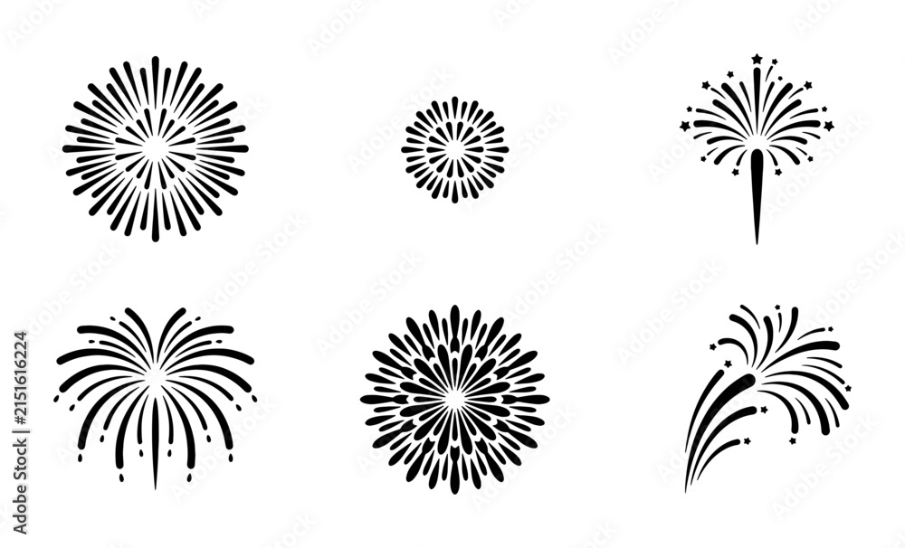 Obraz premium Six Black Fireworks Icons, Festive Celebration Sparklers, Abstract Explosions, Graphic Elements for Holiday Events, Vector Art