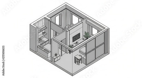Isometric View Of A Modern Small Apartment Floor Plan With Furniture