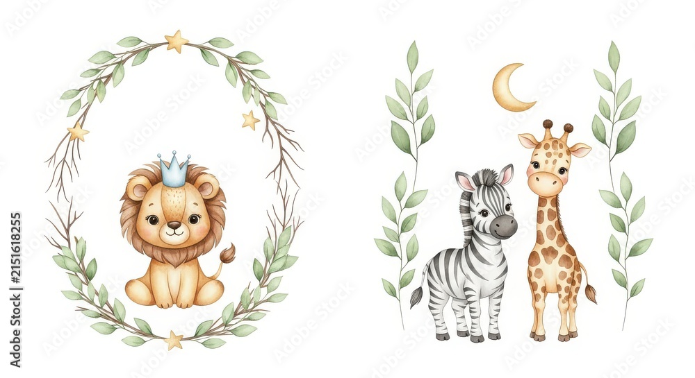 Naklejka premium Cute Watercolor Baby Safari Animals Set with Lion, Zebra, and Giraffe in Nursery Style Wreath and Floral Elements