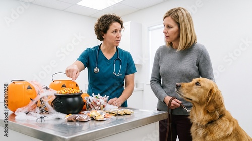 Veterinarian showing dog owner a pet safe halloween treat display in clinic