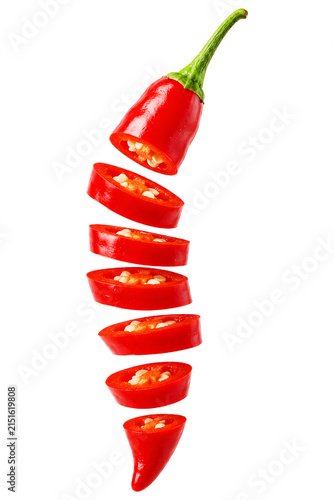 Red chili peppers slices isolated on transparent background.