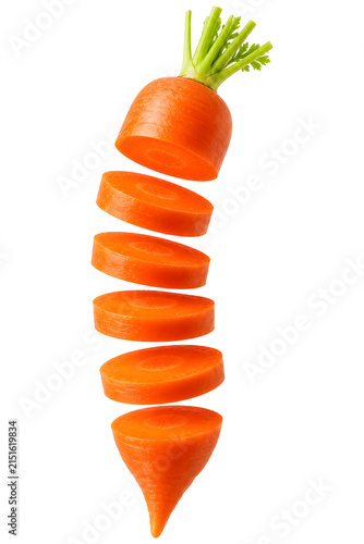 Carrot floating with sliced isolated on transparent background.