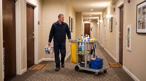 Apartment hallway maintenance worker with cleaning cart and supplies