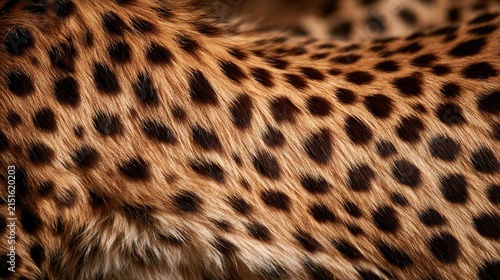 Macro close‑up of cheetah or leopard animal fur coat, golden orange base with scattered dark brown spots, shallow depth of field textured wildlife detail