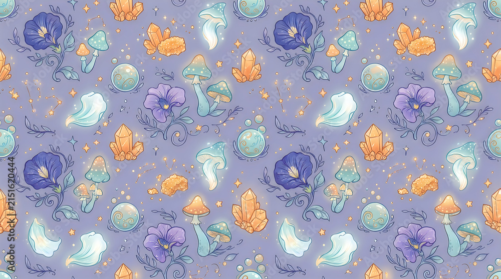 Hand-drawn watercolor mushroom and foliage pattern, purple magical forest design with golden accents, seamless wallpaper for packaging, scrapbook paper, or textile print Halloween