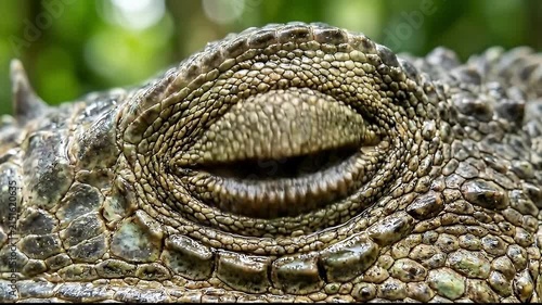 Extreme close-up of a crocodile eye, detailed reptile skin texture and golden iris macro.