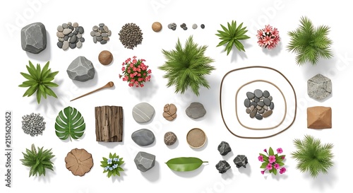Top view collection of garden plants stones and landscape elements