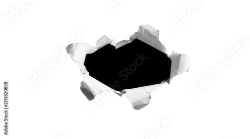 Torn paper hole with ripped edges, breakthrough paper frame revealing black background, damaged white cardboard opening isolated on Transparent Background