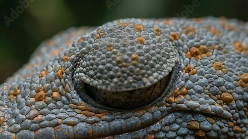 Extreme macro close-up of a Tokay gecko eye, detailed reptile skin texture and golden iris.