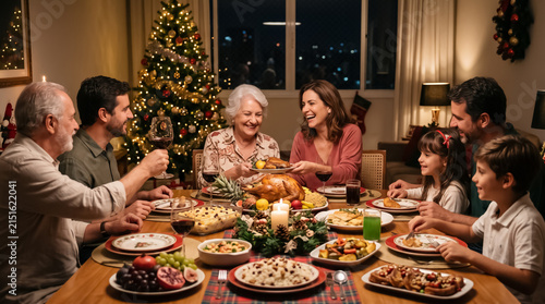 Happy family toasting at tropical Christmas dinner
