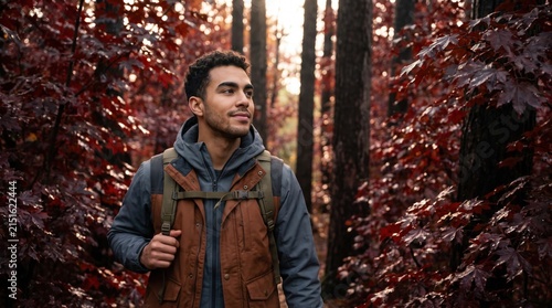 Latino trail walker in a layered vest pauses among deep burgundy maples, glancing toward warm backlight while his backpack frames a peaceful moment of solo discovery in the secluded October woods