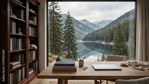 Cozy Home Office with Panoramic Mountain Lake View and Bookshelf.