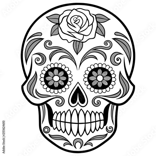 Mexican Sugar Skull Vector Illustration with Floral Rose Details