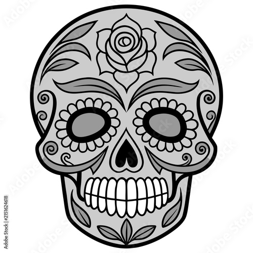 Black and White Sugar Skull Line Art for Day of the Dead