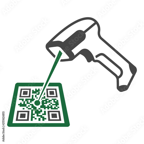 Barcode scanner vector icon depicting a handheld reader scanning a QR code with a green laser beam. Ideal flat visual graphic for retail checkout, inventory management, logistics, and digital pay.