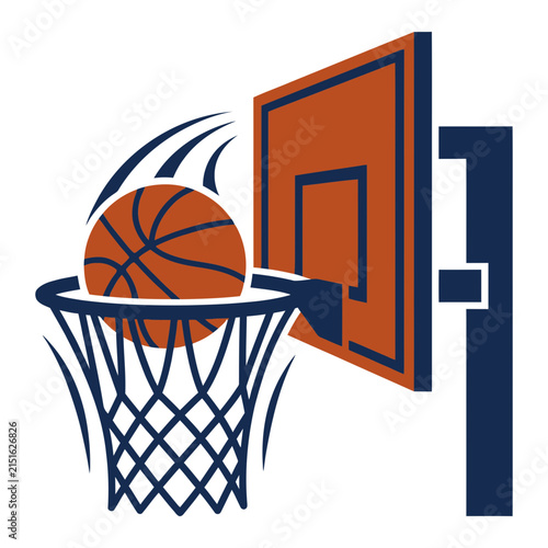 Basketball vector icon depicting a ball swooshing through the hoop net and backboard with motion trails. Ideal flat visual graphic for sports tournaments, athletic teams, training, and competition.