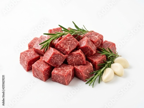 A Pile Of Fresh Raw Beef Cubes Garnished With Rosemary And Garlic
