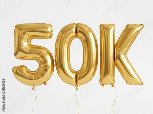Shiny Golden Foil Balloons Forming The Number Fifty Thousand On White Background