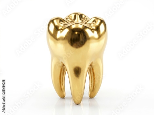 A Highly Detailed And Polished Golden Molar Tooth Isolated On White Background