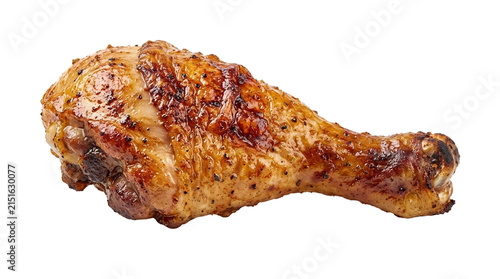 Roasted chicken drumstick with crispy skin, grilled poultry leg isolated on white, seasoned baked chicken meat for food menu
