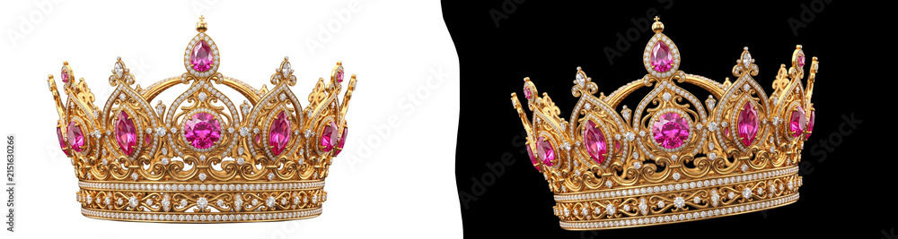 Fototapeta premium Ornate golden crown with pink gemstones isolated on transparent background