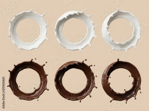 A Collection of Circular Milk and Chocolate Splashes on Soft Beige Background
