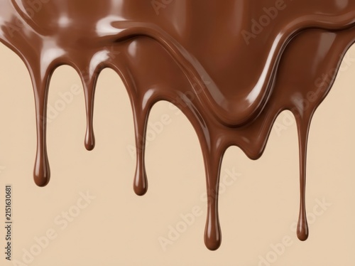 A smooth layer of rich brown chocolate dripping down a neutral background