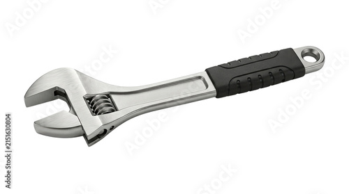 Adjustable wrench with black rubber handle, chrome steel spanner tool for plumbing and repair, isolated metal hand tool on white background