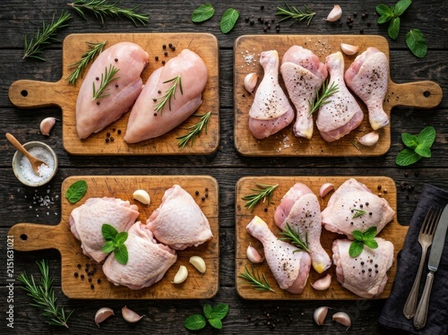 Assortment of Raw Chicken Cuts Arranged on Wooden Boards with Fresh Herbs