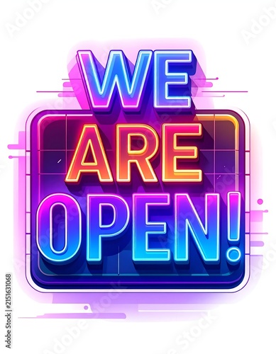 Bright neon open sign with pink and blue glow on dark background.