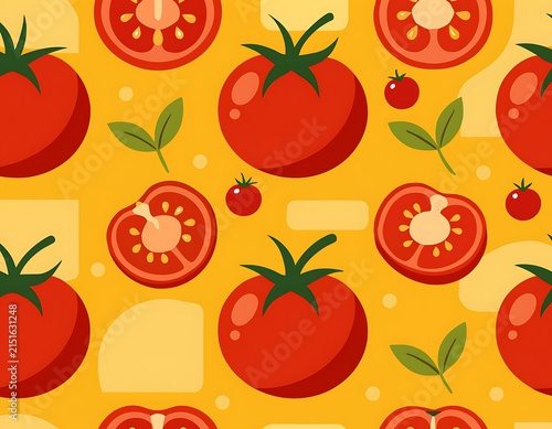 Bright red pomegranates with green leaves on yellow background.