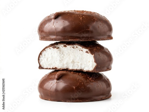 A delicious stack of three chocolate covered marshmallow treats on white background