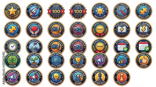 A diverse collection of circular achievement badges featuring various icons like stars, puzzles, cameras, and lightbulbs, with golden metallic borders.