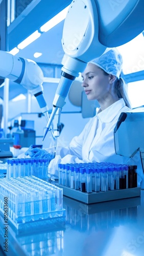 Automated laboratory equipment with technician in background.