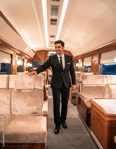 Businessman standing in a luxury train passenger car.